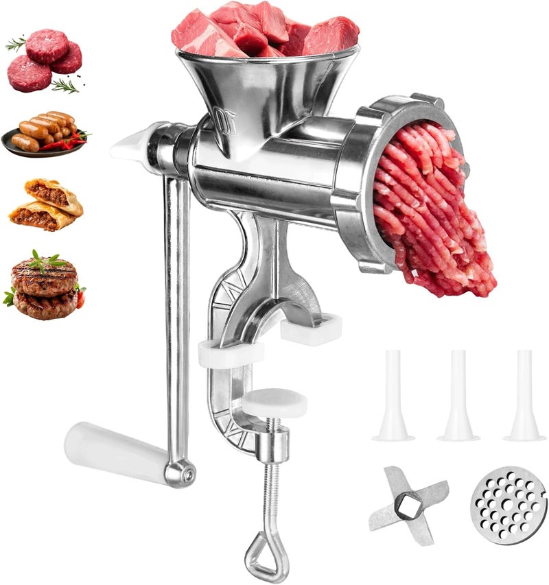 TIMCORR Manual Meat Grinder,304 Stainless Steel Hand Meat Grinder for Home Use, Food Grinder Manual Mincer Hand Crank with 3 Sausage Funnels, Hand Operated Kitchen Tool for Pork, Chili, and Sausage, Silver - Image 1